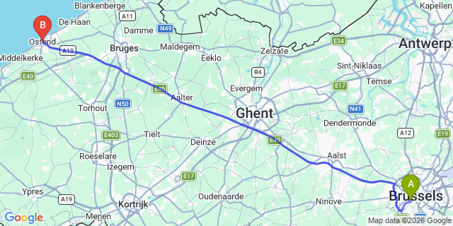 Map: Brussels Midi Train Station to Oostende
