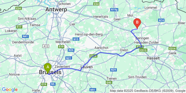 Map: Brussels Midi Train Station to Oostham