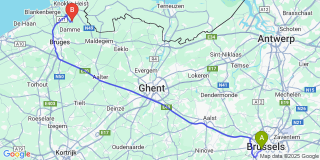Map: Brussels Midi Train Station to Oostkerke