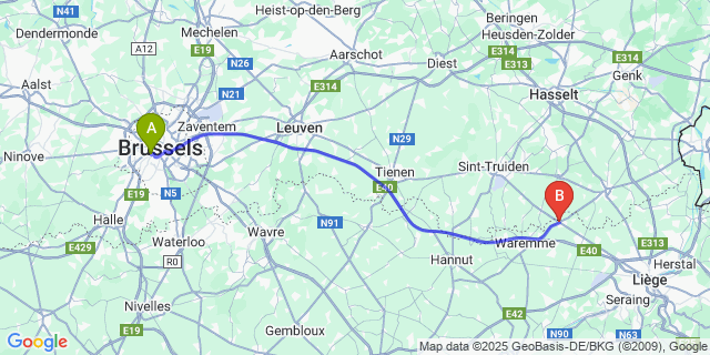 Map: Brussels Midi Train Station to Oreye