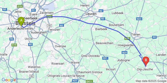 Map: Brussels Midi Train Station to Orp-le-Grand