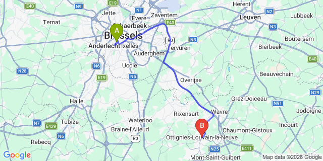 Map: Brussels Midi Train Station to Ottignies