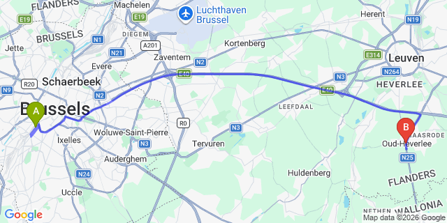 Map: Brussels Midi Train Station to Oud-Heverlee