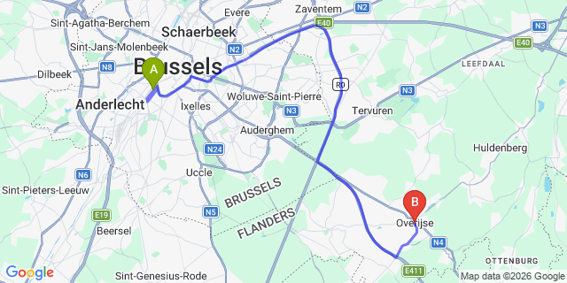 Map: Brussels Midi Train Station to Overijse