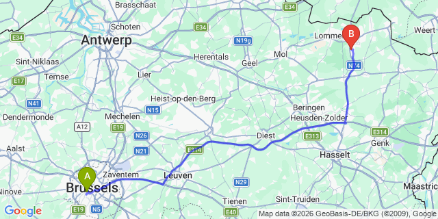 Map: Brussels Midi Train Station to Overpelt