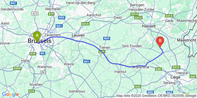 Map: Brussels Midi Train Station to Overrepen