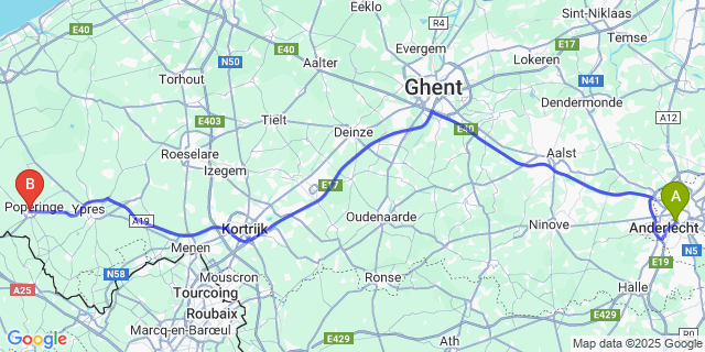 Map: Brussels Midi Train Station to Poperinge