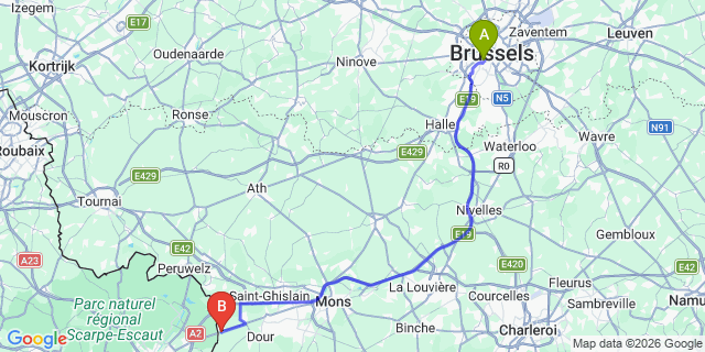 Map: Brussels Midi Train Station to Quiévrain