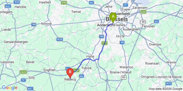 Map: Brussels Midi Train Station to Rebecq-Rognon