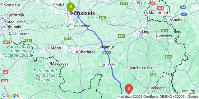 Map: Brussels Midi Train Station to Recogne