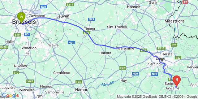Map: Brussels Midi Train Station to Remouchamps