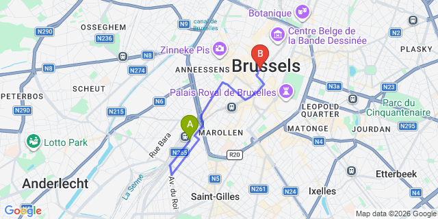 Map: Brussels Midi Train Station to RentByNight - Apartments, Brussels