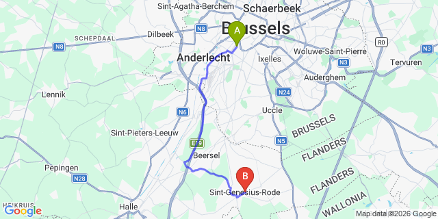 Map: Brussels Midi Train Station to Rhode-Saint-Genese