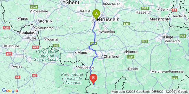 Map: Brussels Midi Train Station to Robechies