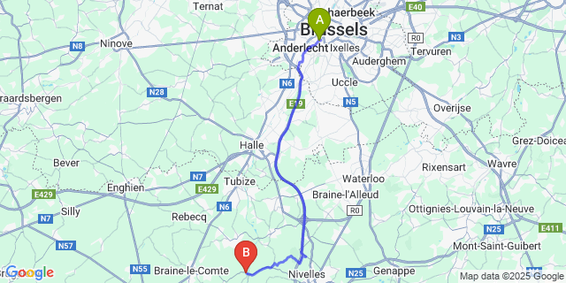 Map: Brussels Midi Train Station to Ronquieres