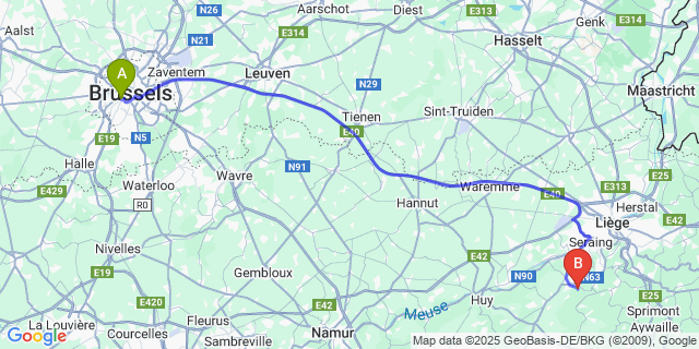 Map: Brussels Midi Train Station to Rotheux-Rimiere