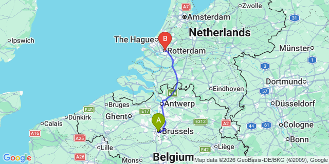 Map: Brussels Midi Train Station to Rotterdam