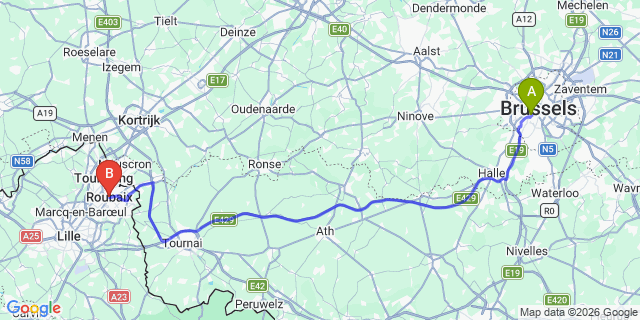 Map: Brussels Midi Train Station to Roubaix