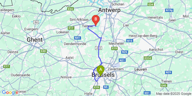 Map: Brussels Midi Train Station to Rupelmonde