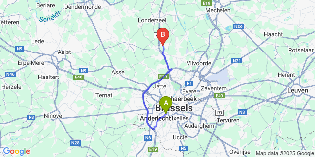 Map: Brussels Midi Train Station to Sint-Brixius-Rode