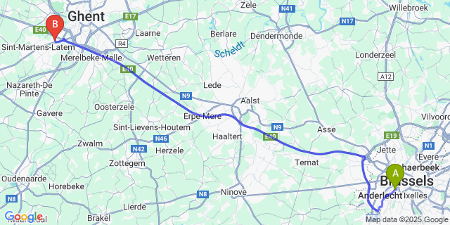 Map: Brussels Midi Train Station to Sint-Denijs-Westrem