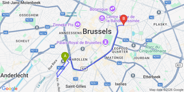 Map: Brussels Midi Train Station to Sint-Joost-ten-Node
