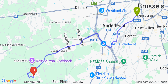 Map: Brussels Midi Train Station to Sint-Laureins-Berchem
