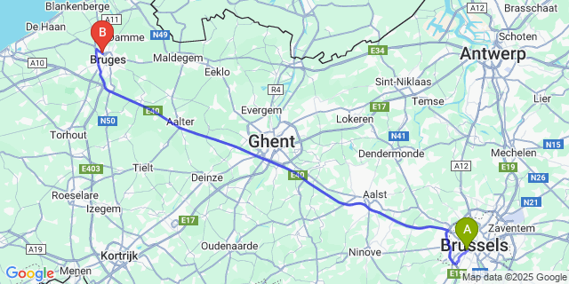 Map: Brussels Midi Train Station to Sint-Pieters