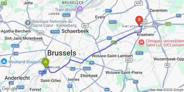 Map: Brussels Midi Train Station to Sint-Stevens-Woluwe