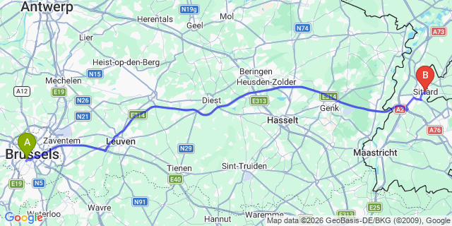 Map: Brussels Midi Train Station to Sittard
