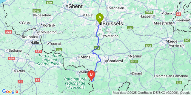 Map: Brussels Midi Train Station to Sivry-Rance