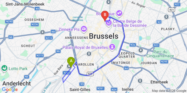 Map: Brussels Midi Train Station to Sleep Well Youth Hostel, Brussels