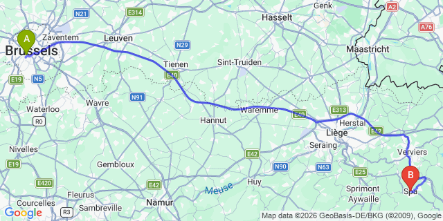 Map: Brussels Midi Train Station to Spa