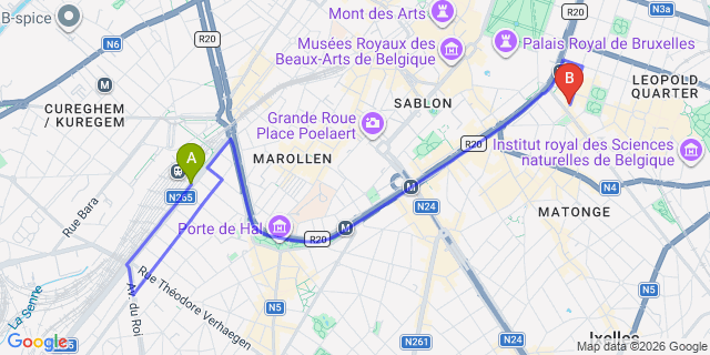 Map: Brussels Midi Train Station to Stanhope Hotel Brussels by Thon Hotels