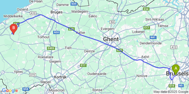 Map: Brussels Midi Train Station to Stuivekenskerke