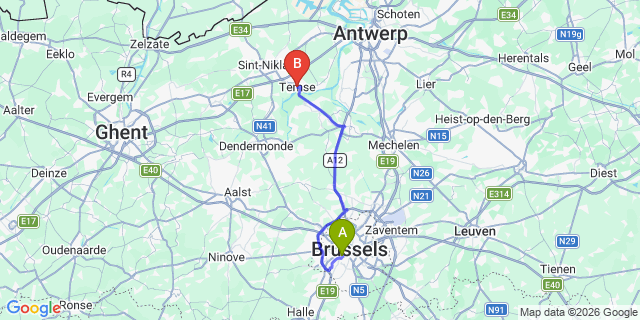 Map: Brussels Midi Train Station to Temse