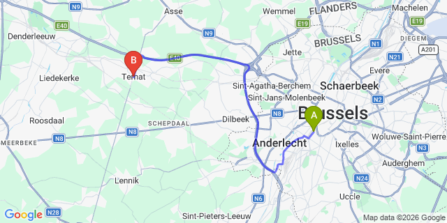 Map: Brussels Midi Train Station to Ternat