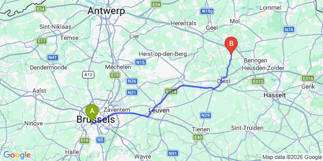 Map: Brussels Midi Train Station to Tessenderlo