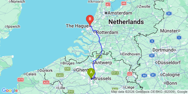 Map: Brussels Midi Train Station to The Hague