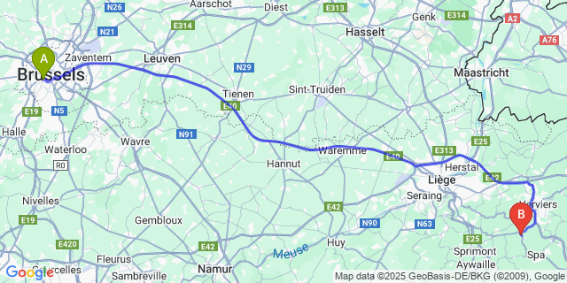 Map: Brussels Midi Train Station to Theux