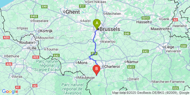Map: Brussels Midi Train Station to Thuillies