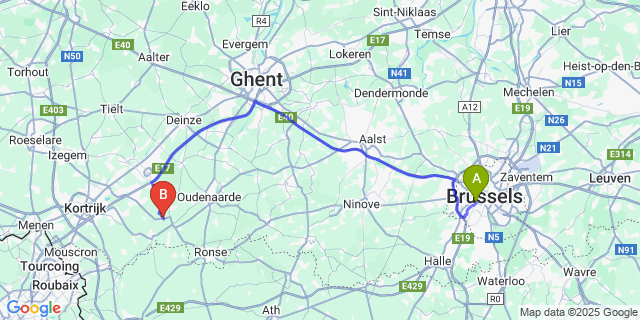 Map: Brussels Midi Train Station to Tiegem