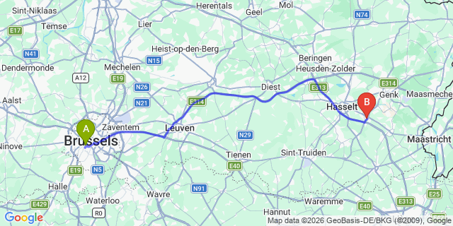 Map: Brussels Midi Train Station to Tiel