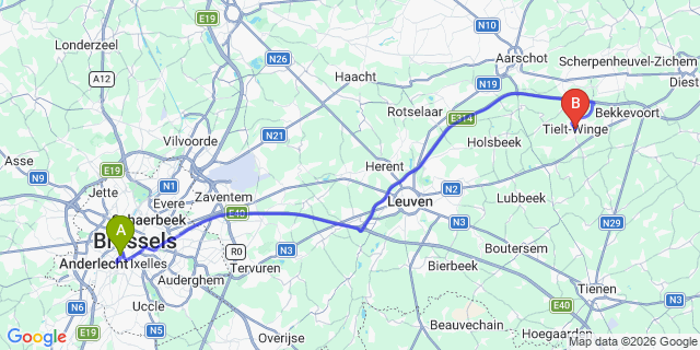 Map: Brussels Midi Train Station to Tielt-Winge