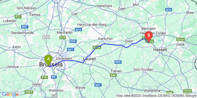 Map: Brussels Midi Train Station to Tiewinkel