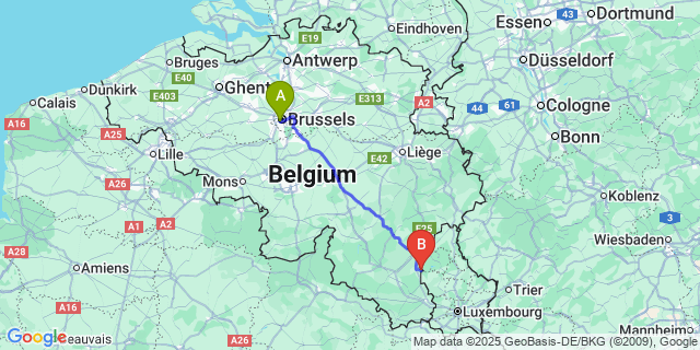 Map: Brussels Midi Train Station to Tintange