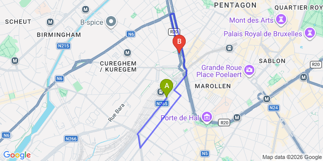 Map: Brussels Midi Train Station to Urban Yard Hotel, Brussels