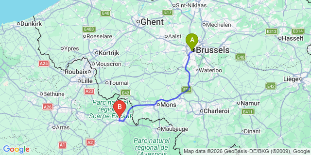 Map: Brussels Midi Train Station to Valenciennes