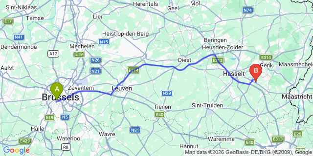 Map: Brussels Midi Train Station to Valkenswaard