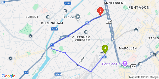 Map: Brussels Midi Train Station to Van Belle Hotel, Brussels